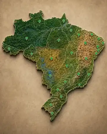 Mapa do Brasil com pontos de atuação destacados